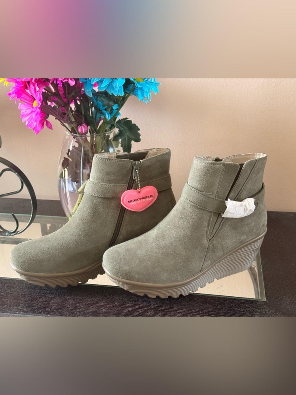 Skechers Olive Green Suede Ankle Booties
